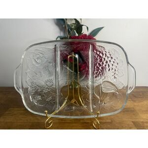 Vintage Divided Glass Relish Tray Fruit Pattern Serving Dish Clear Pressed Glass